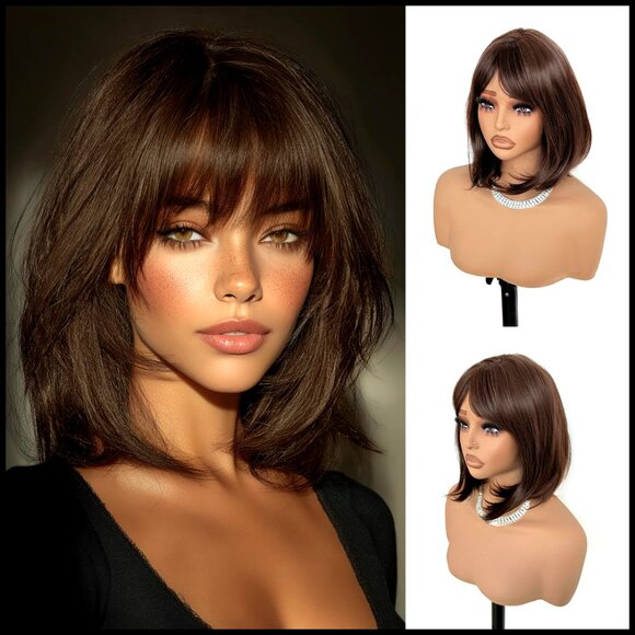 Synthetic Bob Wig with Bangs Shoulder Length Heat Resistant Natural Looking main image 6